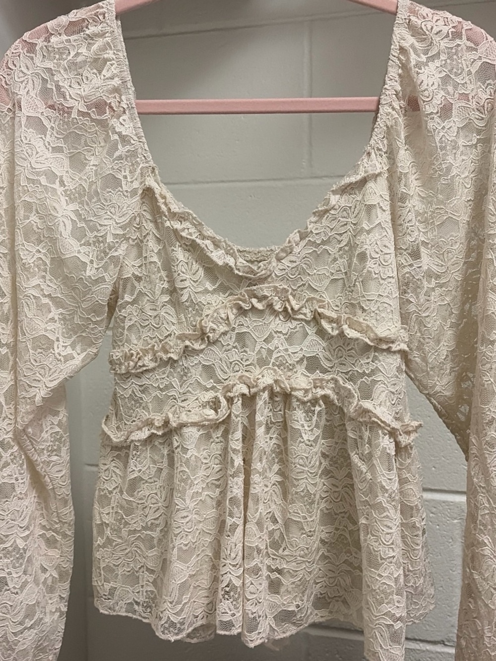 Altar'd State Cream Lace Ruffle and Mesh Sleeves